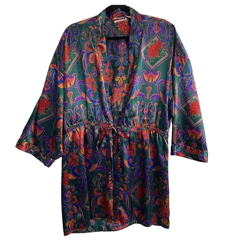 Vtg VICTORIA'S SECRET Women Short Robe Gold Label Satin‎ Sz S Multicolor 23-6